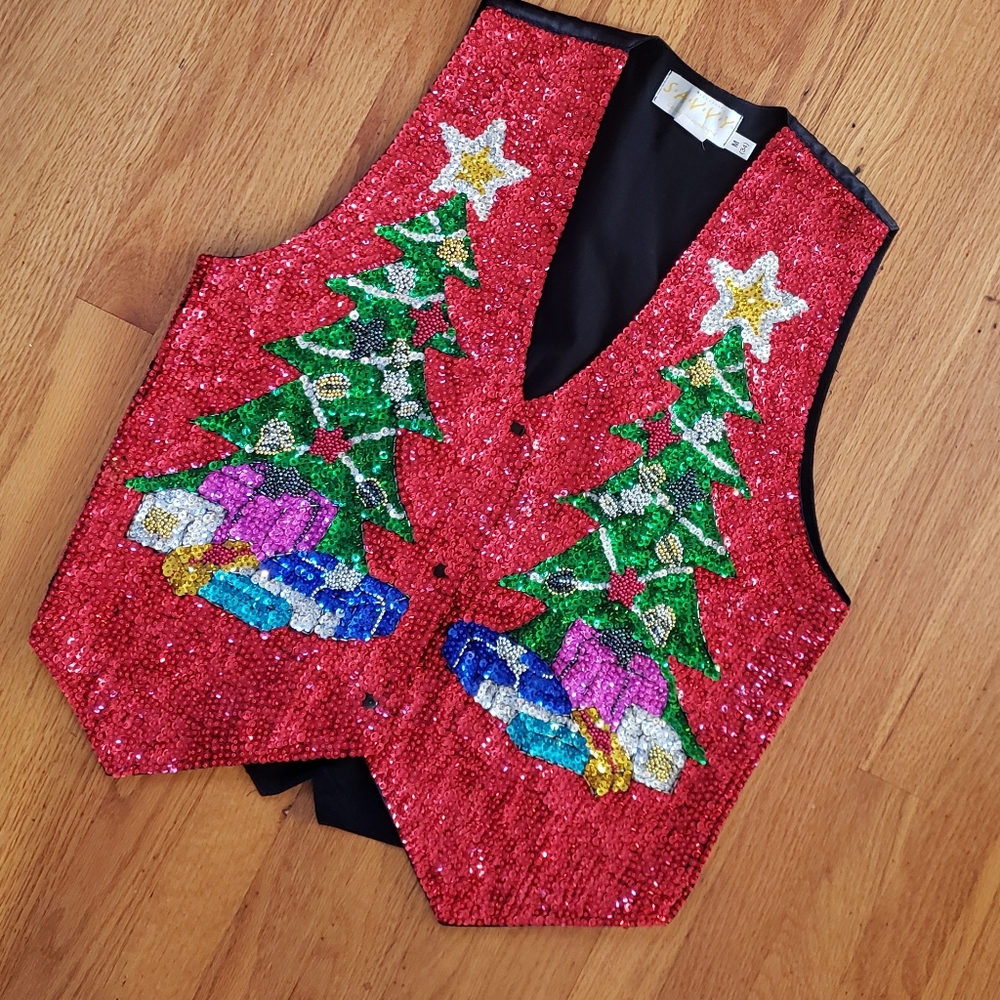 VTG 90s SEQUINS! Nwot Christmas VEST UNISEX Holiday TREES Full Sequined M L